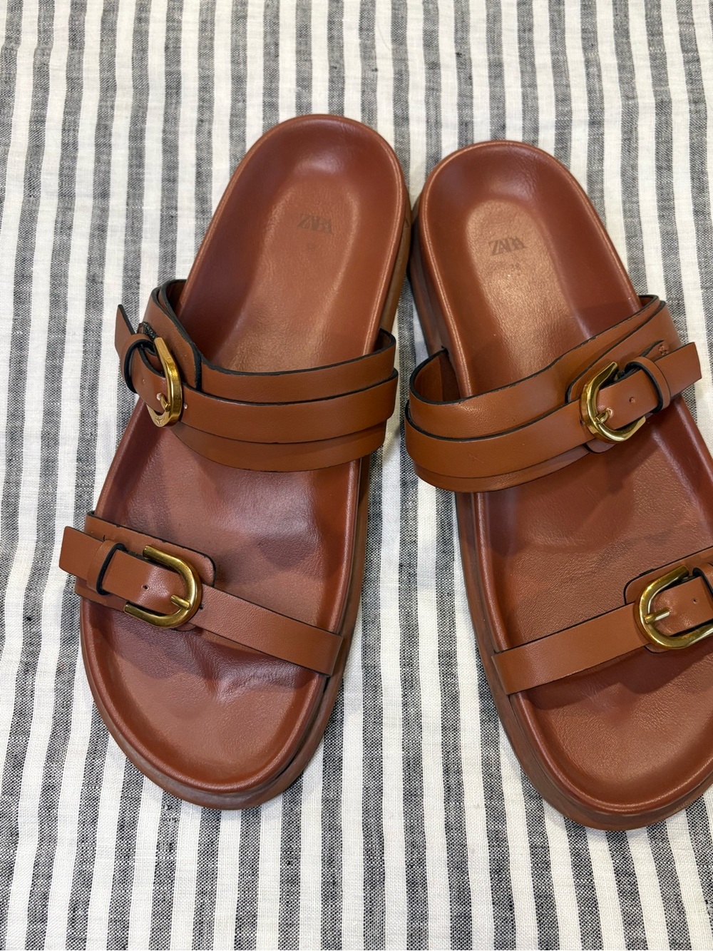 Zara Brown Leather Double Strap Slide Sandals Gold Buckle Minimalsit
